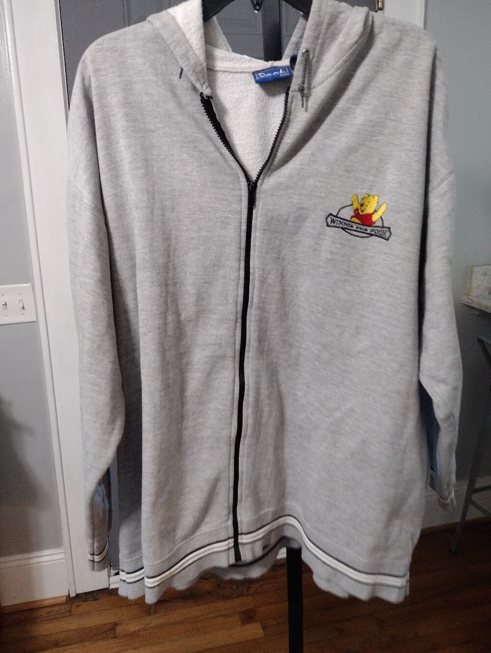 90s Disney Grey Zip-Up Hooded Sweater with Winnie the Pooh Patch